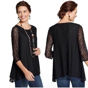 CHICO’S Senoia Black Leopard Lace Top with Sharkbite Hem and 3/4 Sleeves